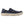 Dark blue canvas slip-on Fish Moc by Korkers with contrasting tan stitching, a cream sole, and a side K logo.