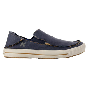 Dark blue canvas slip-on Fish Moc by Korkers with contrasting tan stitching, a cream sole, and a side K logo.