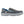 Grey perforated Fish Moc by Korkers with blue stitching, a white 'K' logo on the heel, and a patterned blue lining, side view.
