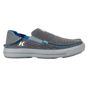 Grey perforated Fish Moc by Korkers with blue stitching, a white 'K' logo on the heel, and a patterned blue lining, side view.