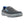 Dark gray vented moccasin shoe by Korkers, featuring blue stitching, light gray sole, and a K logo.