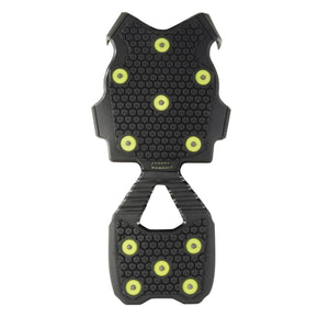 Black ice cleats with yellow studs and a honeycomb texture by Korkers, designed in an 8-shape with two main textured pads.