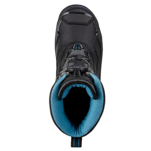 Black winter boot by Korkers with bright blue interior lining and dial lacing system, top view.