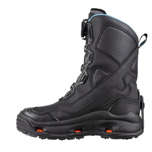 Black high-top winter boots by Korkers with a Boa lacing system, textured side panels, and orange sole accents, side view.