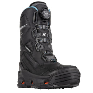 Black insulated winter boots by Korkers, featuring a Boa lacing system, "Thinsulate" and "Waterproof" labels, a K-logo, and orange sole accents.