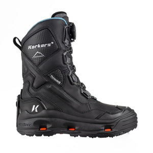 Black women's winter boot by Korkers, featuring Thinsulate insulation, waterproof design, and Boa lacing system, side view.