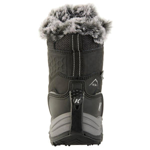 Women's black winter boot by Korkers, back view with grey faux fur trim, textured sides, and 'K' logo pull tab.