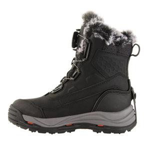 Black winter boot by Korkers with a gray sole, furry top, Boa lacing system, and orange accents, side view.