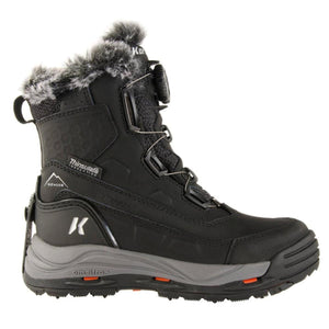 Black women's winter boots by Korkers with faux fur trim, Boa lacing system, and rugged gray and orange sole.