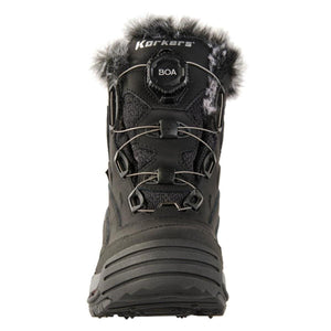 Black winter boots by Korkers with a furry top, BOA lacing system, and rugged sole, front view.