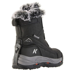 Black Women's Snowmageddon Boa Winter Boots by Korkers with grey Omni-TreX soles, faux fur trim, K logos, Thinsulate, and -30/400, side view.