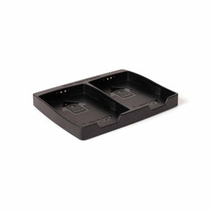 Black dual battery charger by Lenz for rcB 1400 batteries, showing gold charging pins and embossed arrows.