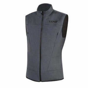 Dark gray men's heat vest by Lenz with a full black zip, stand-up collar, chest logo, and side pockets.