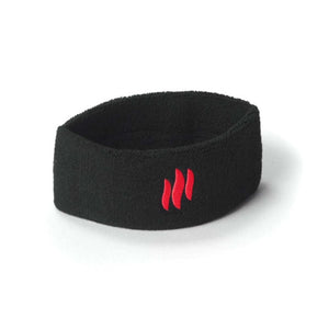 Black fuzzy headband by MiHigh with a red flame-like logo.