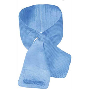 Light blue instant cooling neck wrap by Miracool, twisted and knotted, with a textured dot pattern and Occunomix logo.
