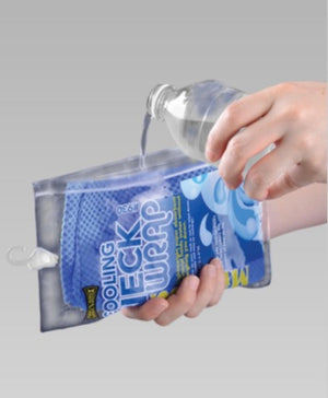 Blue cooling neck wrap by Miracool, inside a clear pouch with a hand pouring water from a bottle into it.