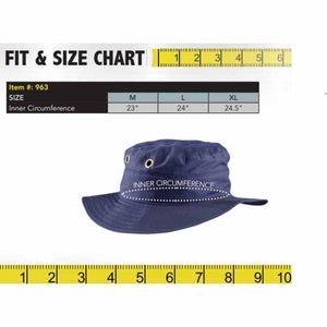 Blue Terry Lined Ranger Hat by Miracool, featuring a size chart with inner circumference details and two visible measuring tapes.