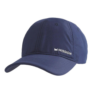 Navy blue cooling performance hat by Mission with a white 'M MISSION' logo on the side.