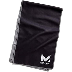 Black cooling towel by Mission with a white 'M' logo and text, and a grey patterned reverse side.