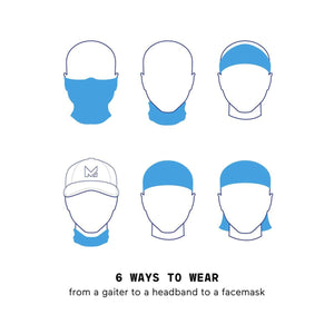 Grey Camo Youth Cooling Neck Gaiter by Mission, shown in a blue diagram illustrating six versatile wearing styles on a head.