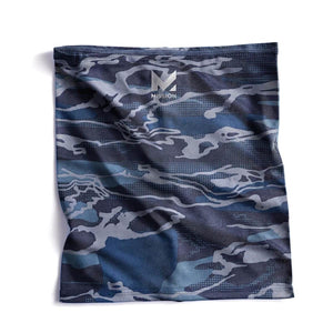 Youth cooling neck gaiter in blue and grey camouflage by Mission, featuring abstract shapes and subtle geometric textures.