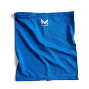 Blue Youth Cooling Neck Gaiter by Mission with a white M logo and text on the front.