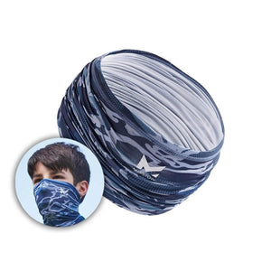Youth cooling grey camo neck gaiter by Mission, rolled up, featuring a logo, with an inset image of a boy wearing it.