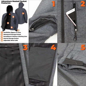Men's gray heated jacket by Mobile Warming, with zippered vents, multiple pockets, mesh liner, and adjustable cuffs.