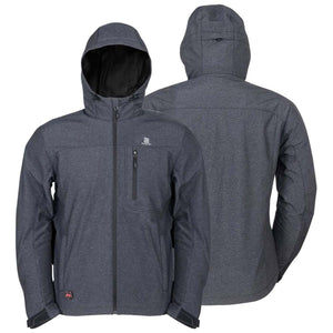 Men's charcoal grey softshell Adventure Heated Jacket by Mobile Warming, with front and back views, hood, zippered pockets, and adjustable cuffs.