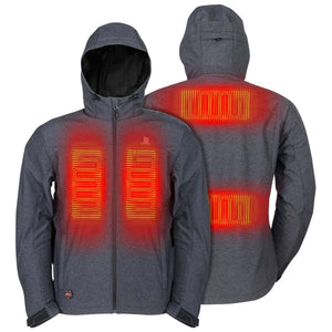 Charcoal grey hooded Men's Adventure Heated Jacket by Mobile Warming, shown front and back with glowing red heating elements.