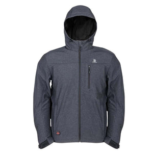 Heather gray men's heated jacket by Mobile Warming with a hood, full zip, chest pocket, and sleeve heat indicator.