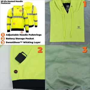 Bright yellow Men's Hi-Vis Pullover Heated Hoodie by Mobile Warming, with reflective stripes, adjustable drawstrings, battery storage pocket, and wicking layer.