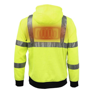 Neon yellow Men's HI-VIS Pullover Heated Hoodie by Mobile Warming, with grey reflective strips and an orange glowing heating element on the back.