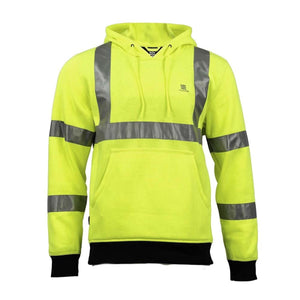 Neon yellow heated pullover hoodie by Mobile Warming with reflective grey stripes, black cuffs, and hem.
