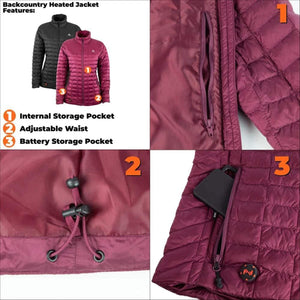 Burgundy quilted women's heated backcountry jacket by Mobile Warming, with close-ups of its internal pocket, adjustable waist, and battery storage.