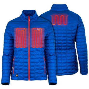 Blue women's heated puffer jacket by Mobile Warming with glowing red heating elements on the chest and back, shown front and back.
