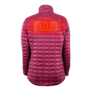 Maroon quilted puffer women's heated jacket by Mobile Warming, shown from the back with a glowing red heating element graphic.