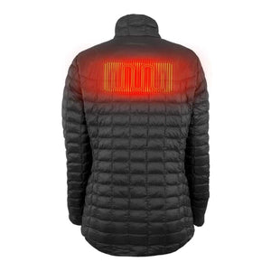 Black padded heated jacket by Mobile Warming, shown from the back with glowing red heating elements in a wavy pattern.