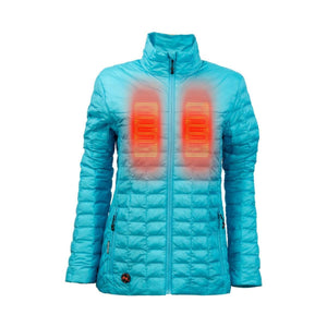 Blue women's quilted heated jacket by Mobile Warming with glowing orange heating elements on chest and power button.