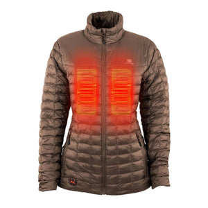 A brown women's heated puffer jacket by Mobile Warming with visible red heating elements on the chest.