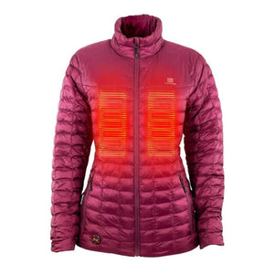 Burgundy quilted women's heated jacket by Mobile Warming, with visible red heating elements on the chest.