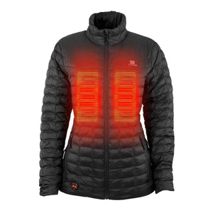 Black women's heated jacket by Mobile Warming with two glowing red heating panels on the front, a quilted texture, and a high collar.