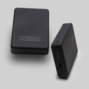Two black rectangular power banks by Mobile Warming, one flat and one angled, revealing charging ports and LED indicator lights.