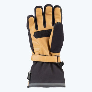 Tan leather and black textile heated glove by Mobile Warming, palm side, featuring a mesh palm, adjustable wrist strap, and reflective cuff.