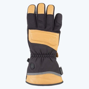 Black and tan heated gloves by Mobile Warming, featuring a reflective strip, control button, and elasticized wrist, front view.