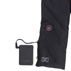 Black heated scarf by Mobile Warming, with two prominent N logos and a power bank connected via a cable.