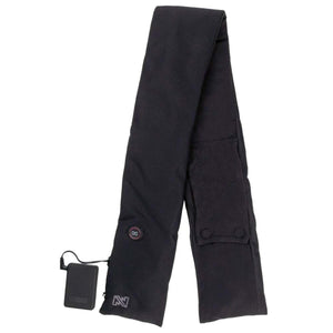 Black heated scarf by Mobile Warming, with an attached power bank and control buttons, folded in a V-shape.