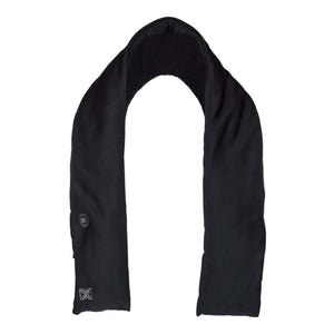Black heated scarf by Mobile Warming, U-shaped with a circular control button and 'W' logo on the left side.
