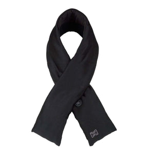 Black Heated Scarf by Mobile Warming, folded into a loop with a control button and an 'N' logo.