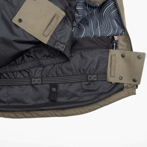 Olive green Men's Denali Anorak 1/4 Zip Heated Hoodie by Mobile Warming, with black interior lining, white topographic pattern, and N-logo elastic bands.